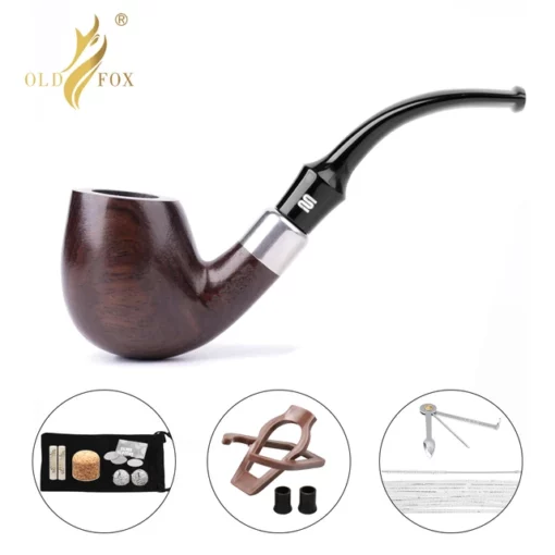 Black Sandalwood Tobacco Pipe Set with Gold Ring and 10-Tool Kit